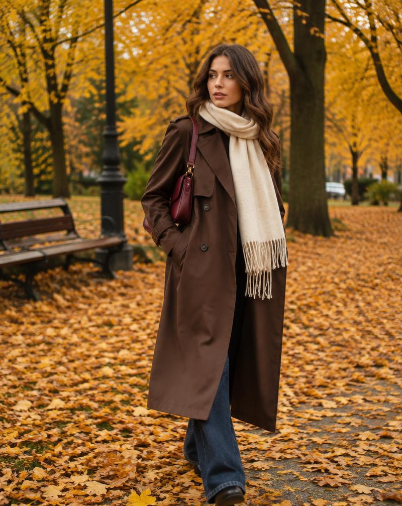 Chocolate trench and cream scarf in an autumn park